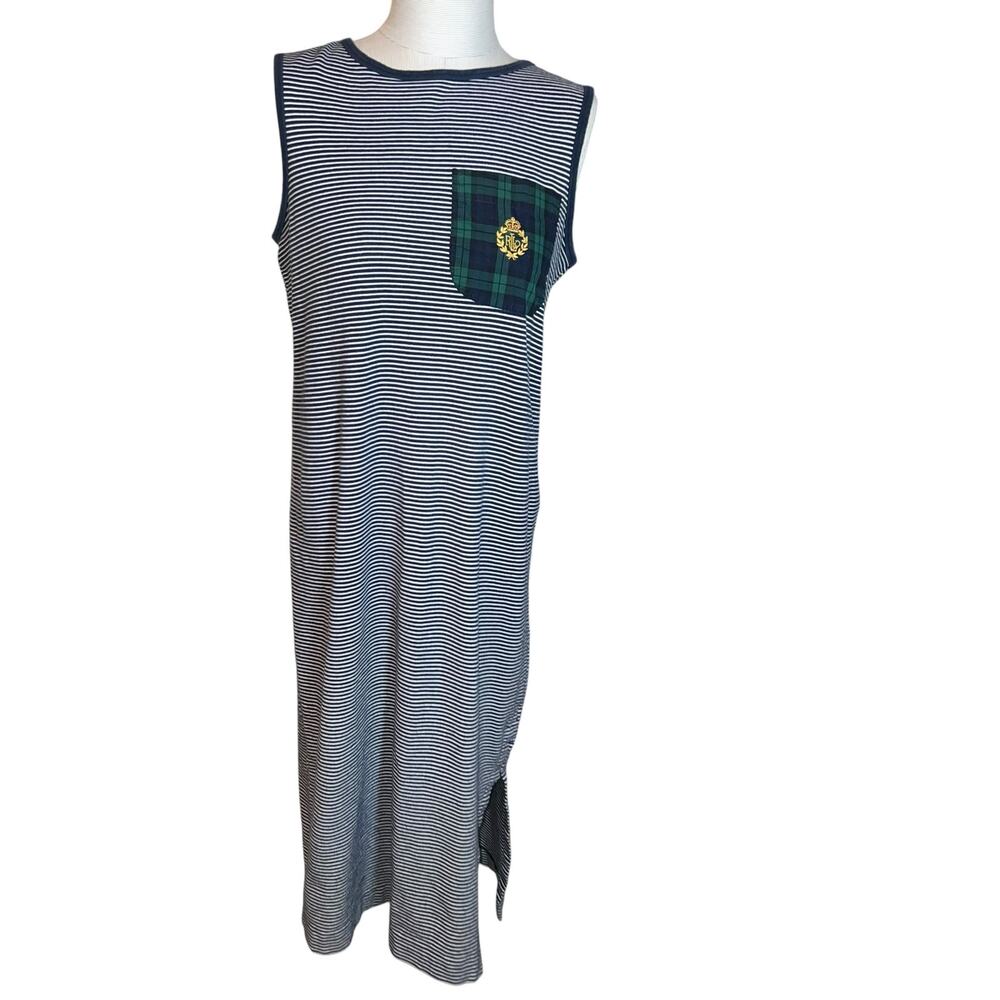 Lauren Ralph Lauren sleeveless preppy striped embroidered crescent maxi dress